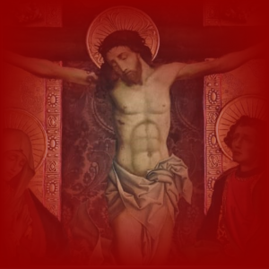 A classical painting of the crucifixion of Jesus, shown on the cross with a halo and crown of thorns. Mary stands on one side and John the Apostle on the other, both with halos and looking up at him. The entire image is tinted red, giving the scene a solemn, dramatic atmosphere.